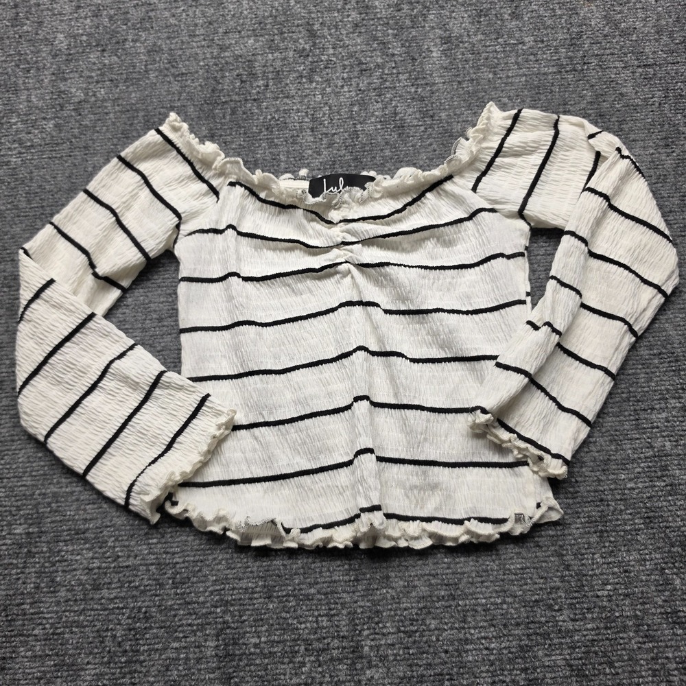 Lulus XS Off The Shoulder Striped Crop Top Crinkle Textured Long‎ Sleeve Ruched